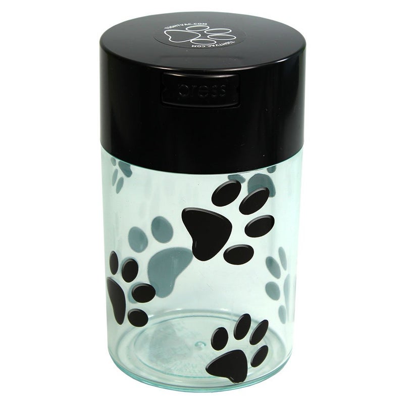 Tightpac Pawvac 6 Ounce Vacuum Sealed Pet Food Storage Container; Black Cap & Clear Body/Black Paws - Image 1